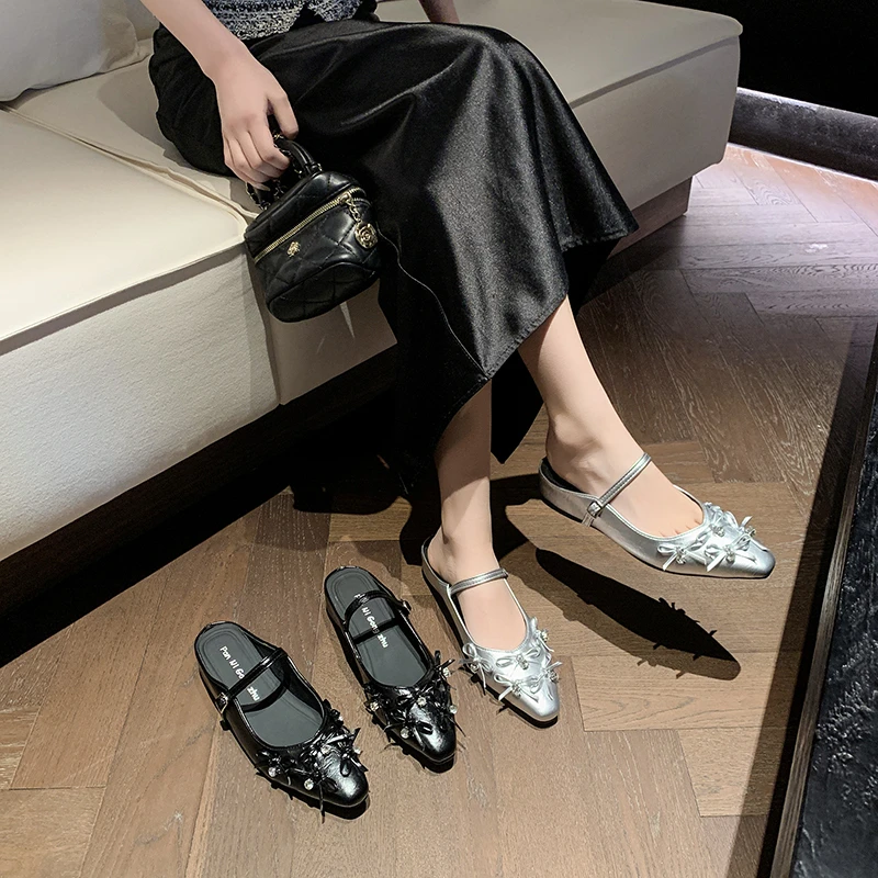 内增高银色包头半拖鞋女鞋子外穿2025新款春夏季玛丽珍蝴蝶结单鞋