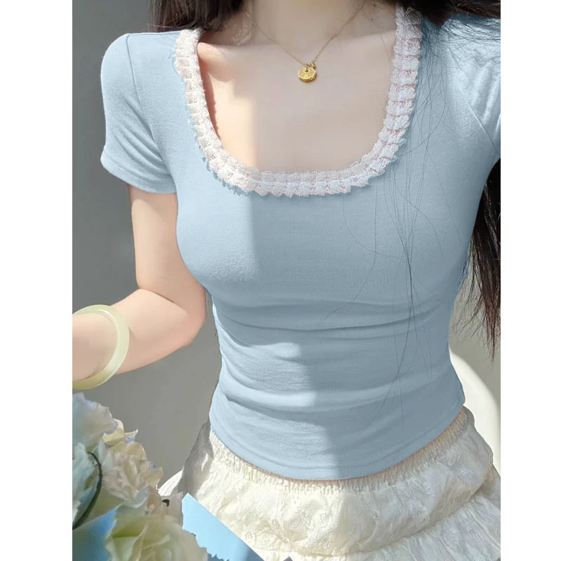 纯欲风短袖t恤女夏修身显瘦u型领蕾丝花边甜美辣妹上衣洋气