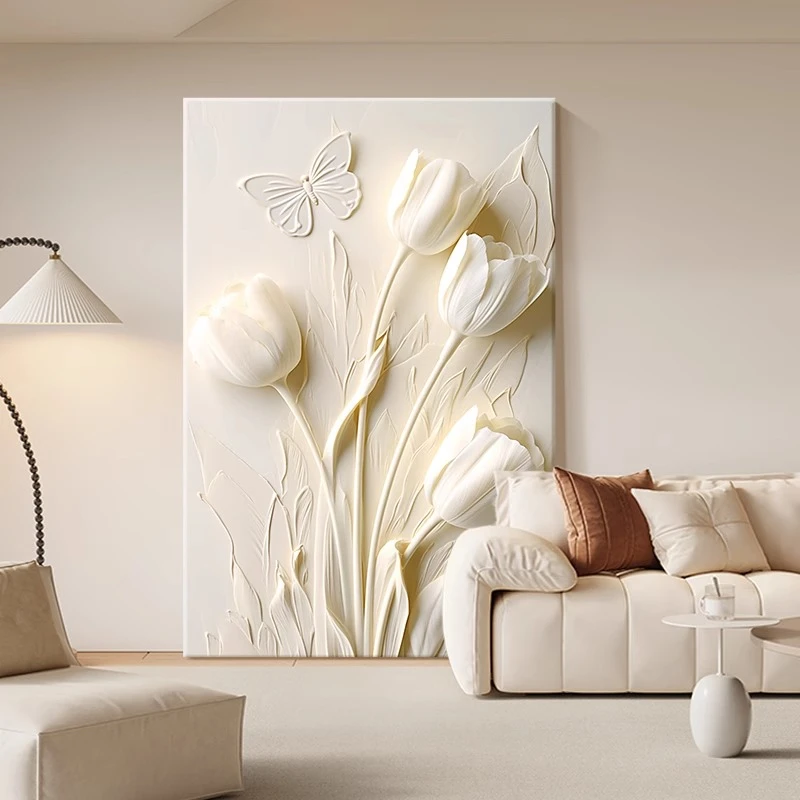 奶油风落地砂岩画郁金香花卉肌理客厅沙发背景墙挂画走廊过道壁画