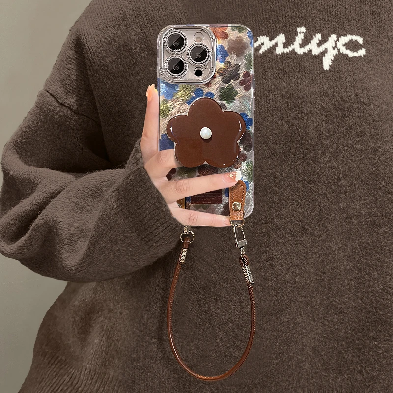 复古花支架适用苹果17华为vivo/oppo小米iPhone精孔冰川纹手机壳