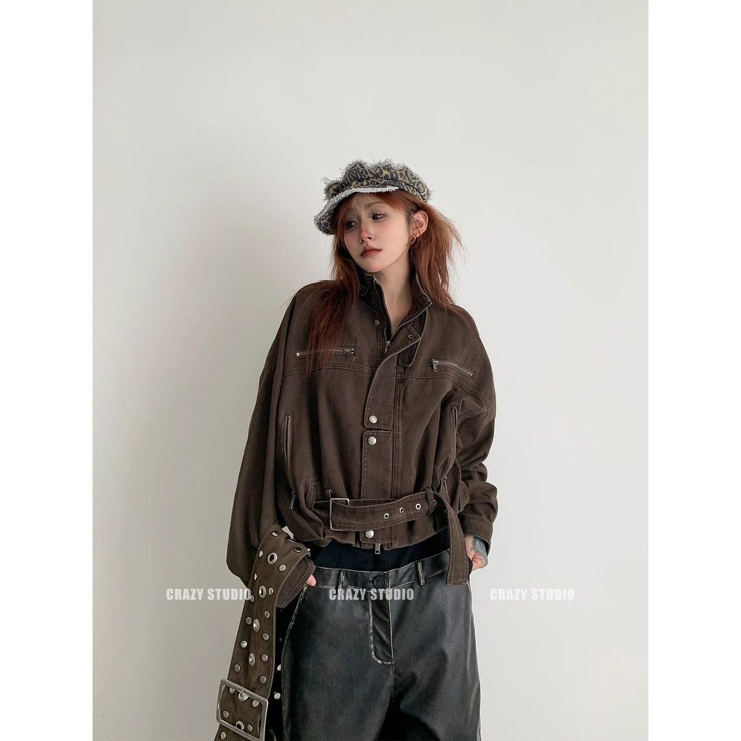 美式复古工装风春秋短外套纯色高级感宽松短款立领结构夹克外套