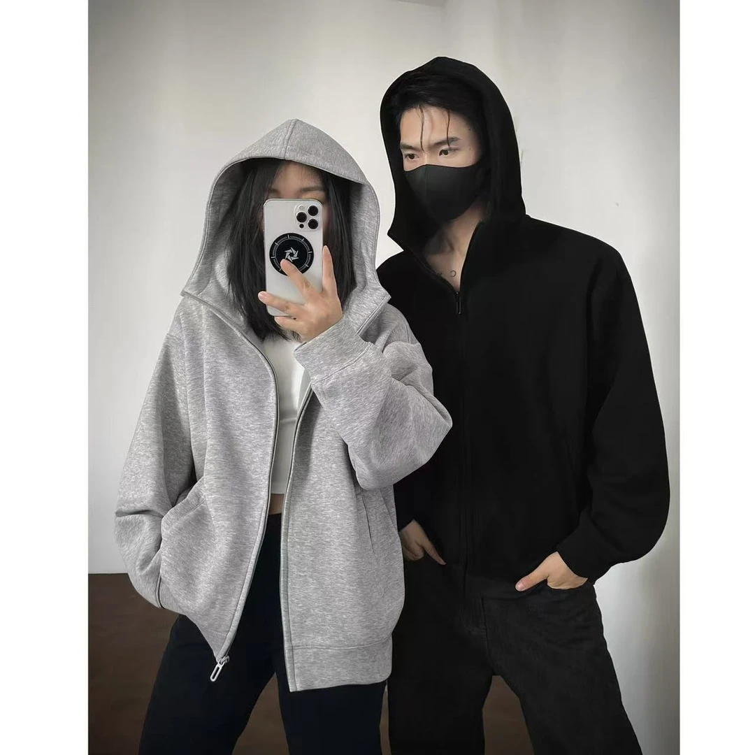 美式简约纯色高领开衫连帽卫衣男女秋冬季宽松休闲拉链情侣款外套