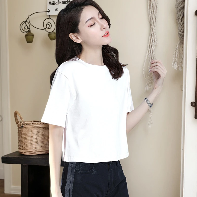 宽松T恤春夏简约纯色百搭圆领短袖小众短款齐腰上衣时尚半袖打底