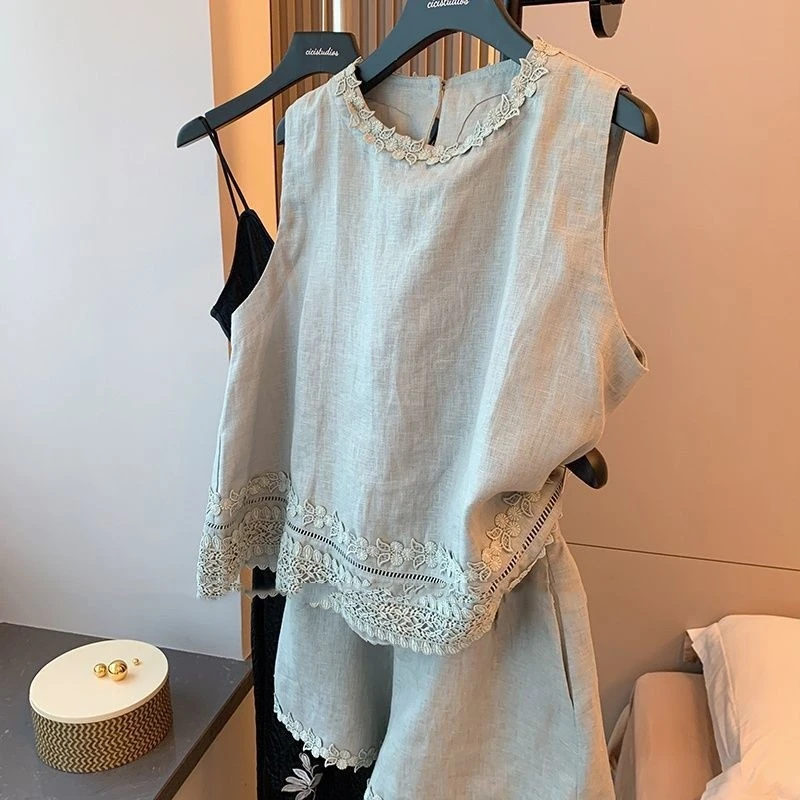 花边刺绣背心衬衫短裤套装一整套女夏2025新款洋气全套休闲二件套