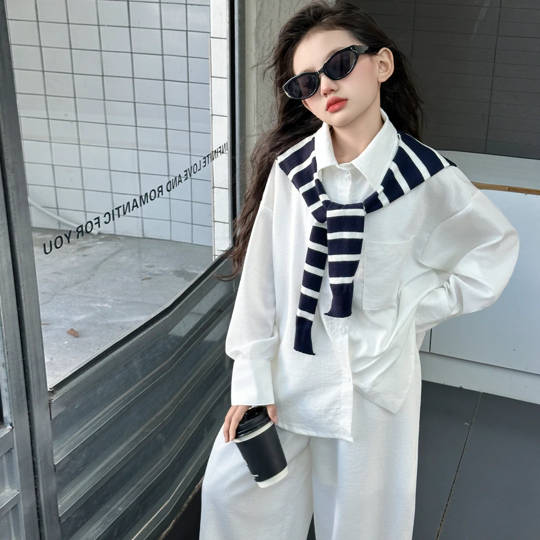 女童披肩套装2025秋季新款时尚潮流甜美休闲衬衫裤子三件套儿童