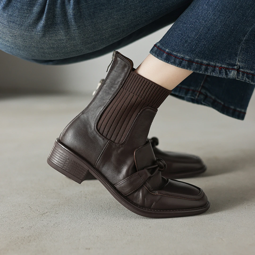 【4CM】法式方头粗跟防水台弹力靴袜靴复古秋季厚底百搭秋冬1501