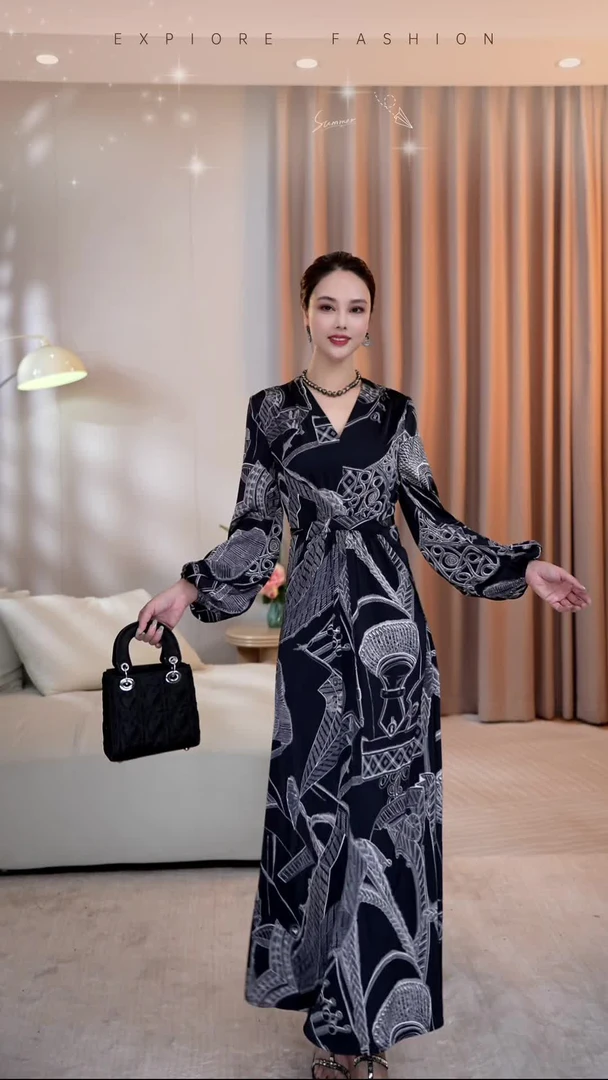 【君君】夏季印花长裙V领通勤风连衣裙豹纹设计师时尚轻奢-SW0075