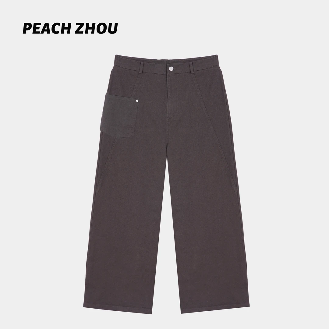『PEACHZHOU』斜纹单口袋工装宽松直筒休闲裤简约百搭阔腿长裤女