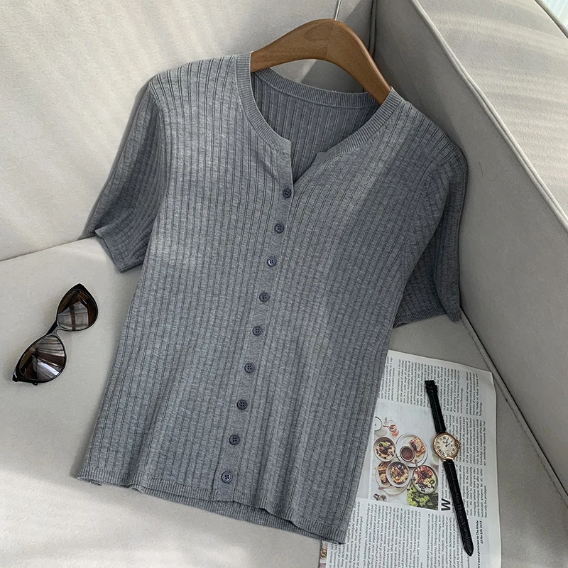 【南油子宸】100%莱赛尔小V领针织开衫气质显瘦灰色T恤春夏女800320
