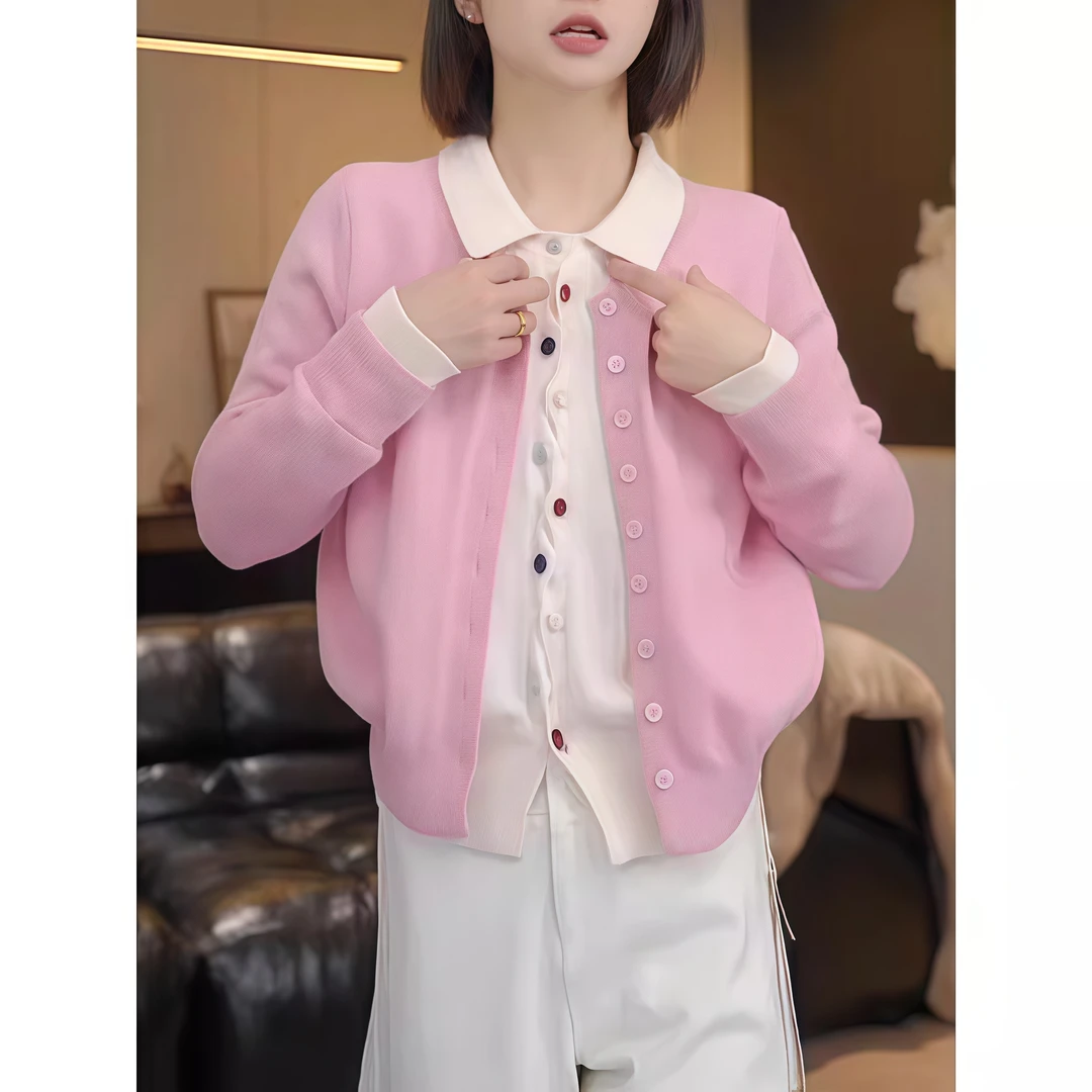 减龄撞色假两件毛衣女春季新款温柔甜美软糯针织开衫上衣薄外套潮