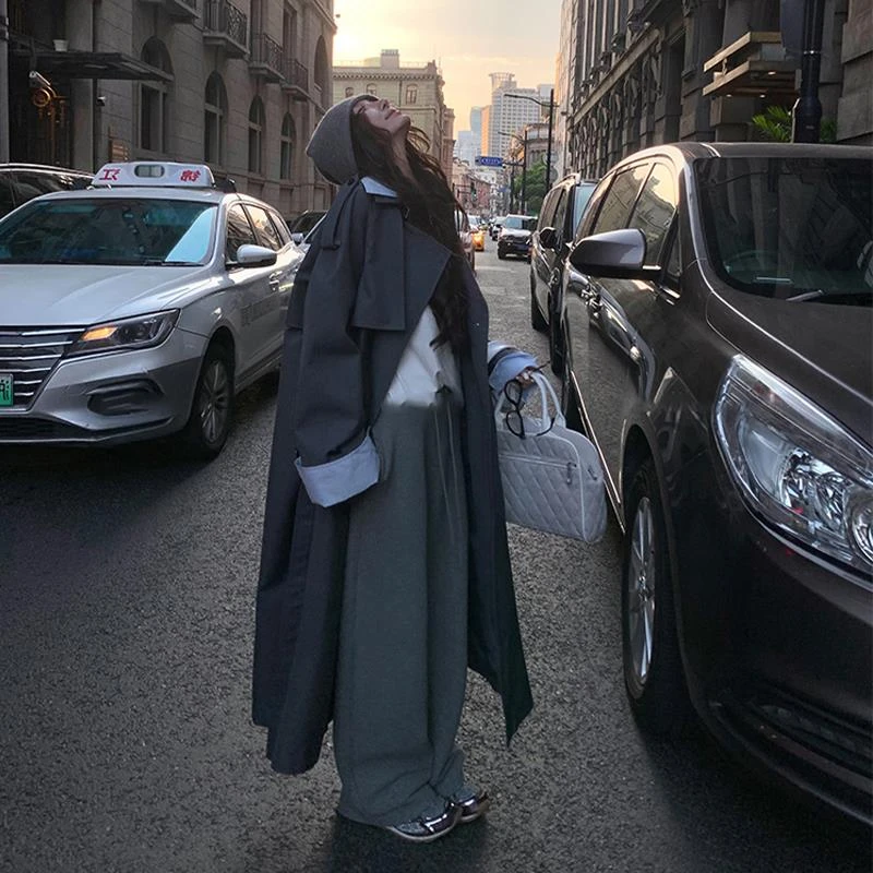 VOCKOO官方高级感灰色风衣外套女2025秋季新款中长版假两件撞色拼