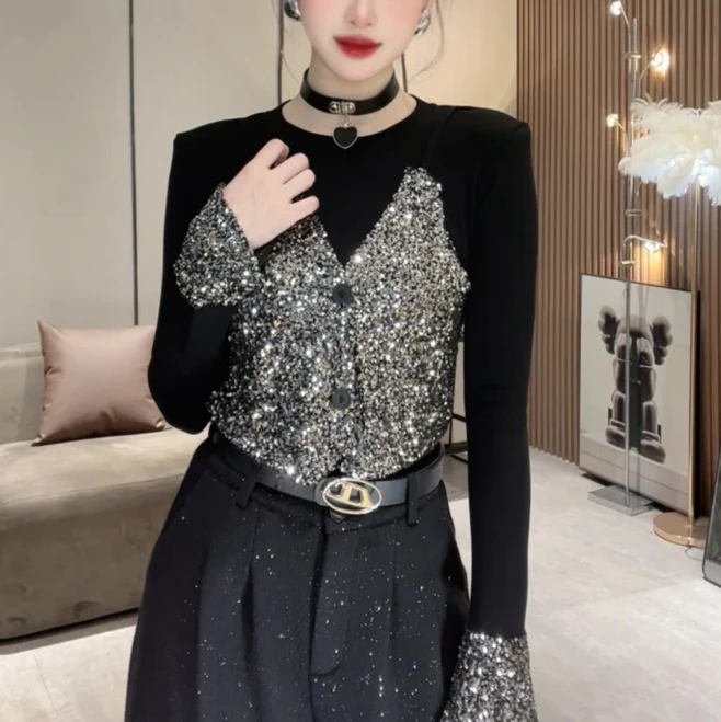 2025春秋新款德绒打底衫女假两件时尚亮片喇叭袖长袖减龄显瘦上衣
