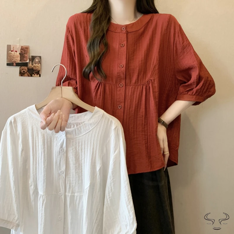 大码 夏新款胖mm立领七分袖宽松衫衬衣女