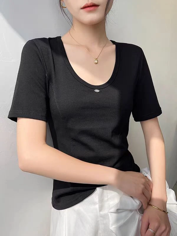 25391纯色U型领方扣短袖凉感短袖T恤显瘦inst恤不规则