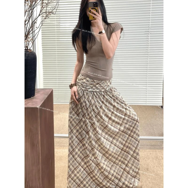 小个子韩版套装女夏季V领纯欲上衣五一穿搭一整套新款格纹半身裙