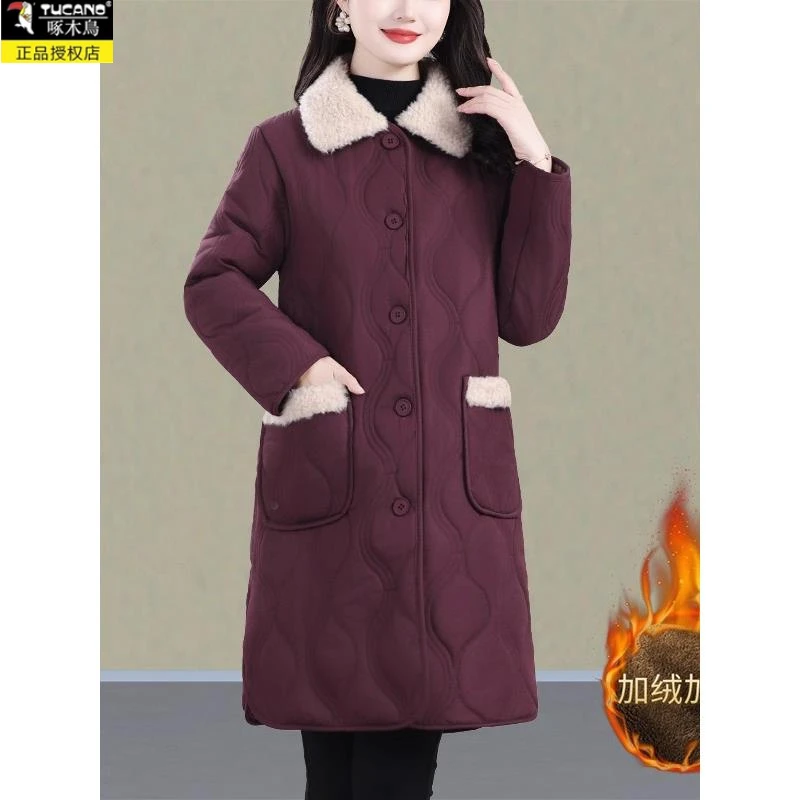 啄木鸟妈妈冬装加绒加厚衣外套2025新款中长款服中老年女装保暖袄