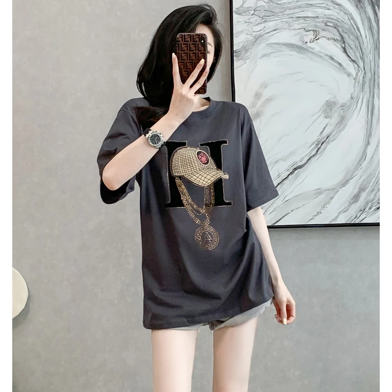 长款灰色短袖女t恤宽松中长款遮屁股欧货大版洋气美式复古潮牌