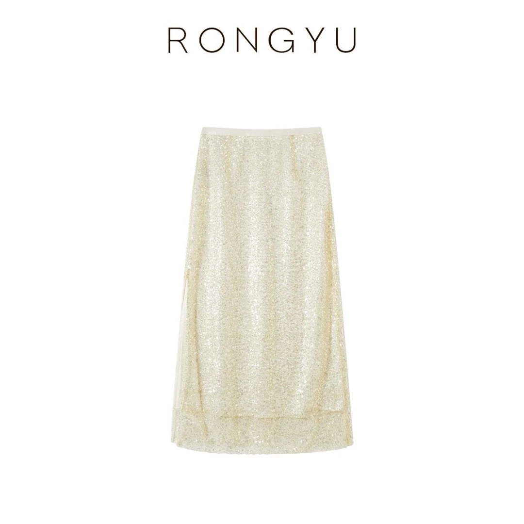 RONGYU绒郁轻奢波灵波灵亮片半裙香槟色千金清冷感贵系品质女装