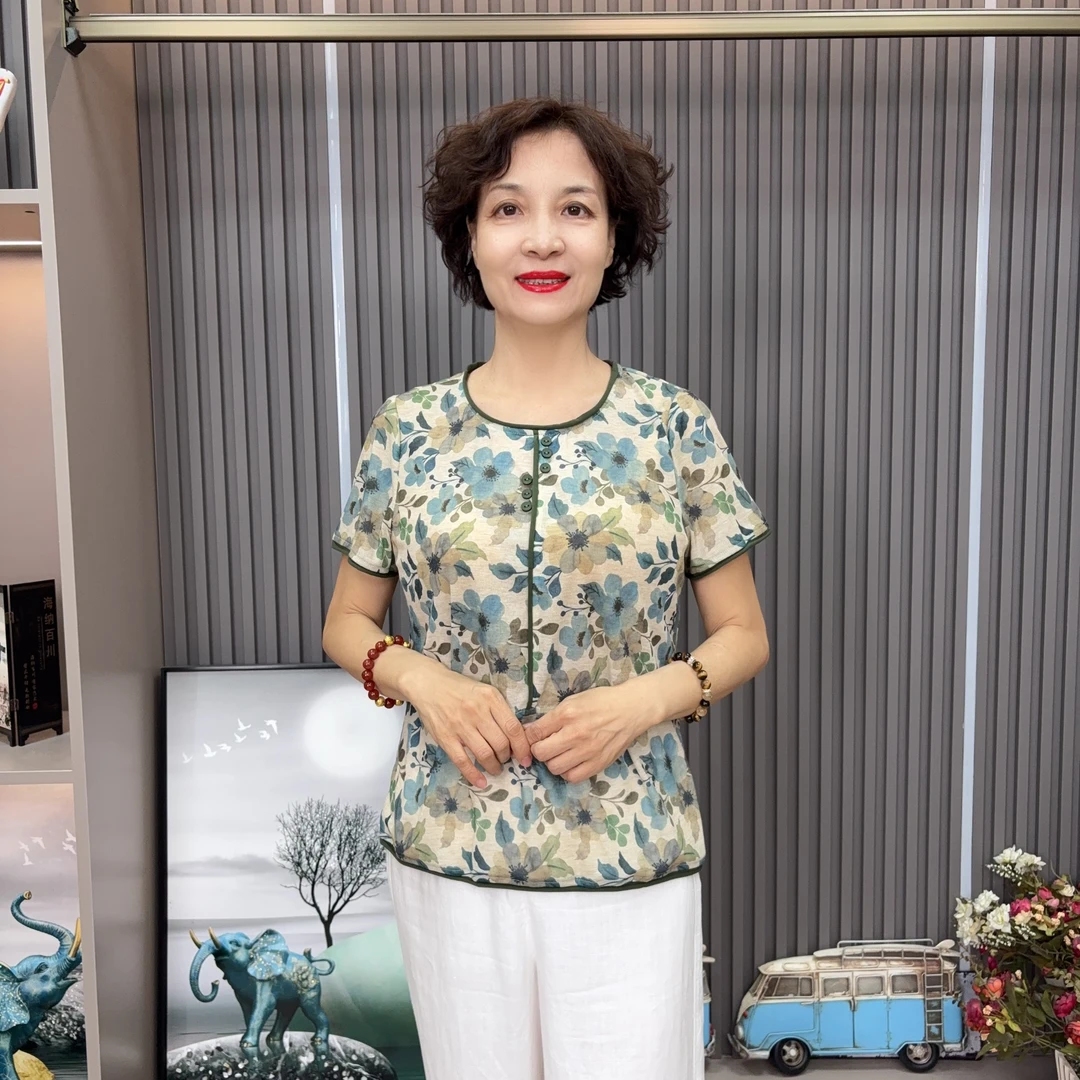 【LU-JIE 2547】妈妈装中老年女士夏季清凉圆领小兰花妈妈半袖洋气