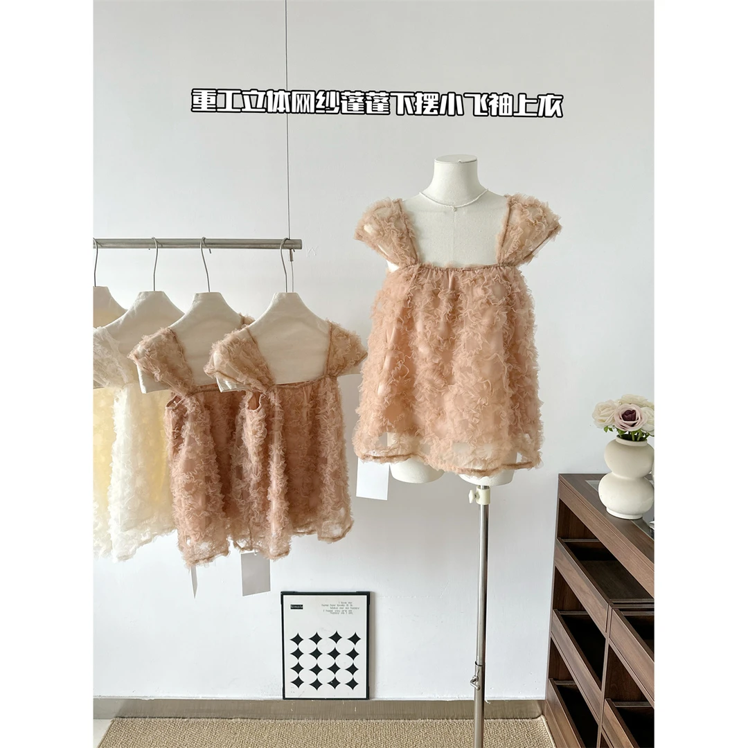 韩版甜美重工立体网纱蓬蓬下摆小飞袖上衣