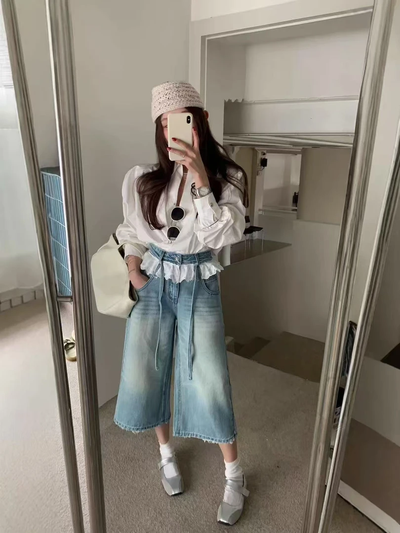 【6639】米#蕾丝拼接直筒宽松牛仔裤