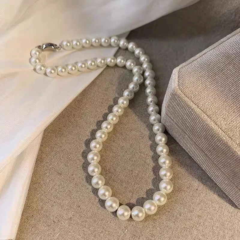 锌合金仿珍珠项链 金属银元宝扣高档仿珍珠项链女简约锁骨链颈链