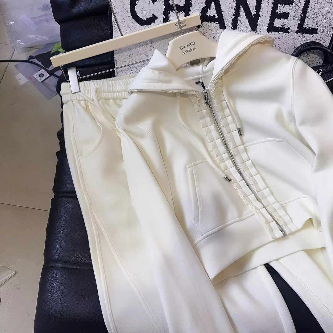 丨秋冬新款米白色设计感运动休闲连帽卫衣长裤套装  5443