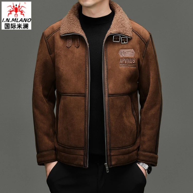 皮毛一体男士皮夹克冬季短款加厚翻领机车皮衣时尚休闲潮流外套男