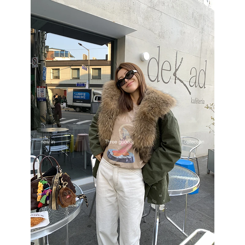 THREE GOOOD/三吉 雪畔绒歌 大毛领牛仔做旧派克羽绒服Y725R14900