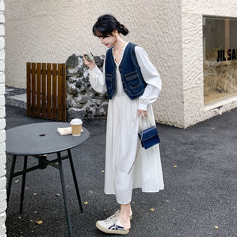 长袖牛仔马甲连衣裙套装女2025新款早春季韩系穿搭减龄裙子两件套