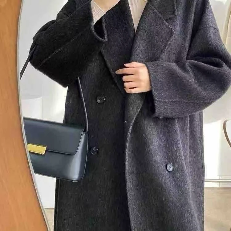 街头风秋冬女长款中长款毛呢外套双面呢羊绒双排扣女装韩版