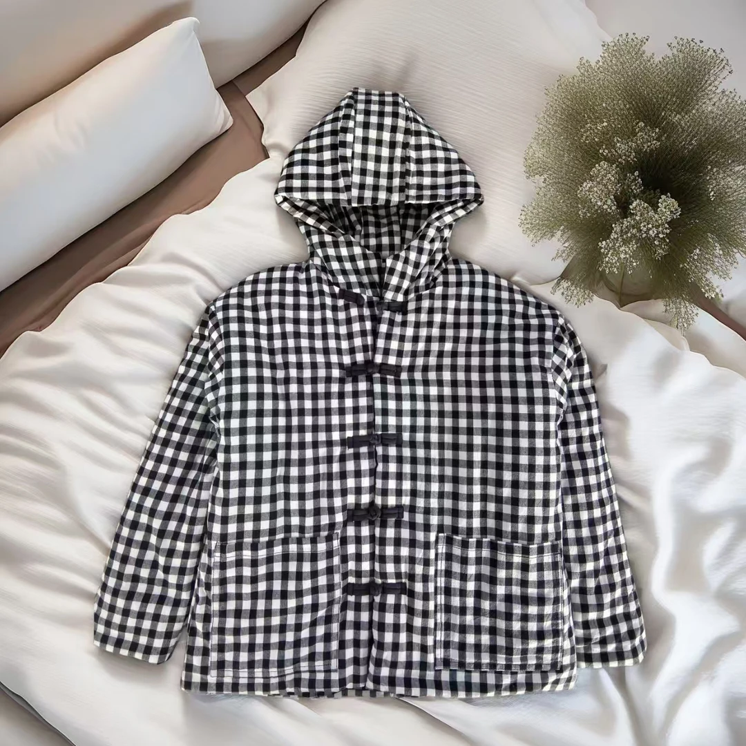 休闲连帽棉衣棉服常规袖保暖常规冬季格子加厚女装新中式洋气