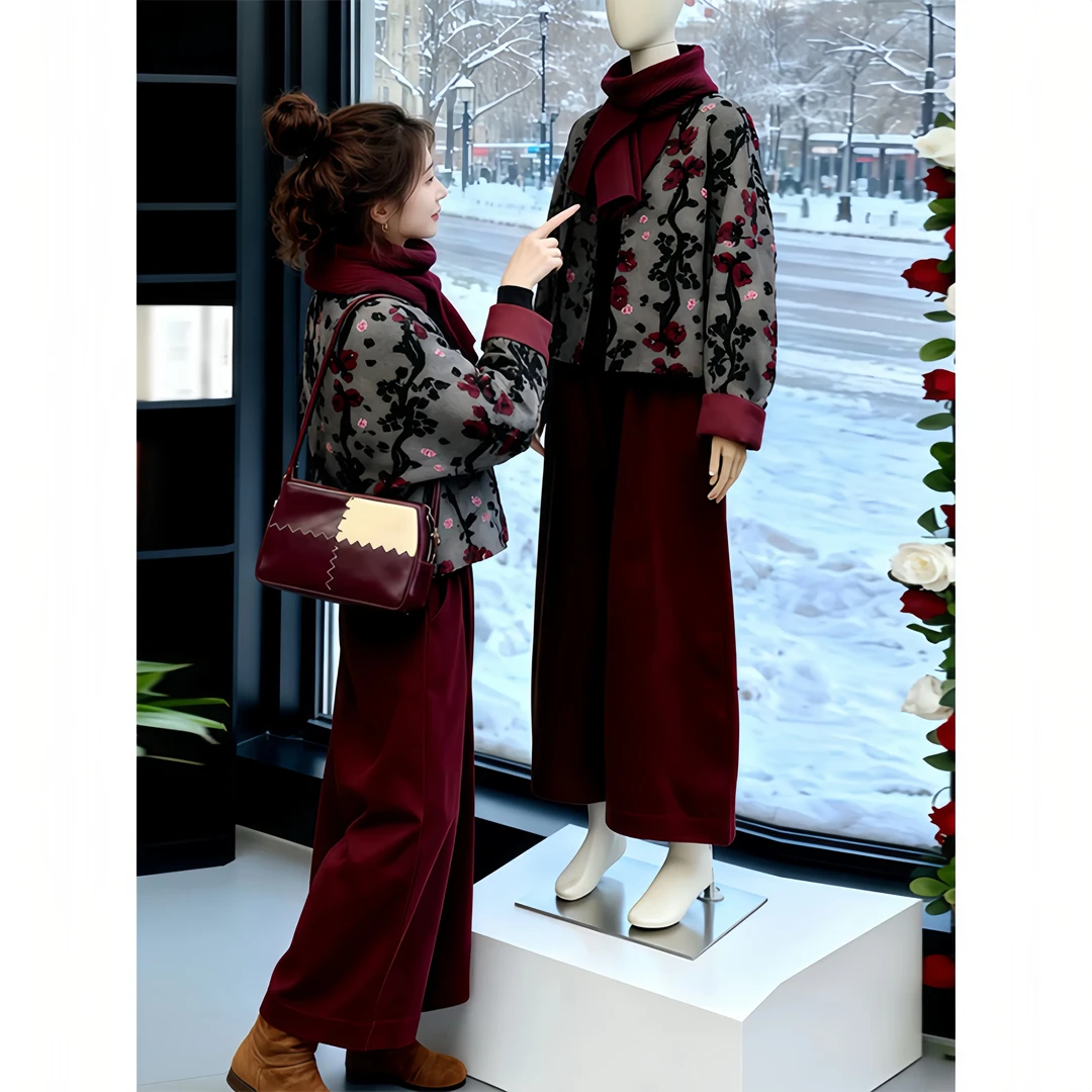 2025秋冬新款百搭时尚印花外套女士高腰阔腿直筒裤时尚减龄两件套