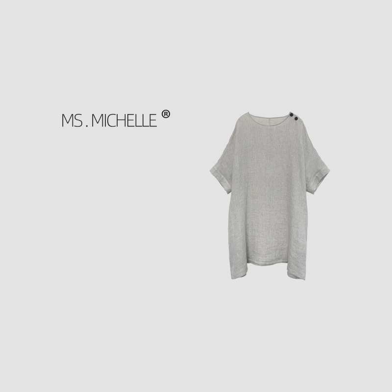 MS.MICHELLE 小众设计高品质舒适简约宽松慵懒色织亚麻连衣裙6270