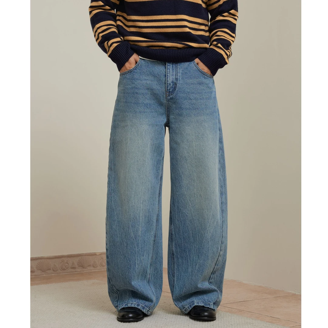 博衣社【重磅水洗牛仔裤】冬季潮直筒水洗磨白牛仔裤做旧宽松阔腿