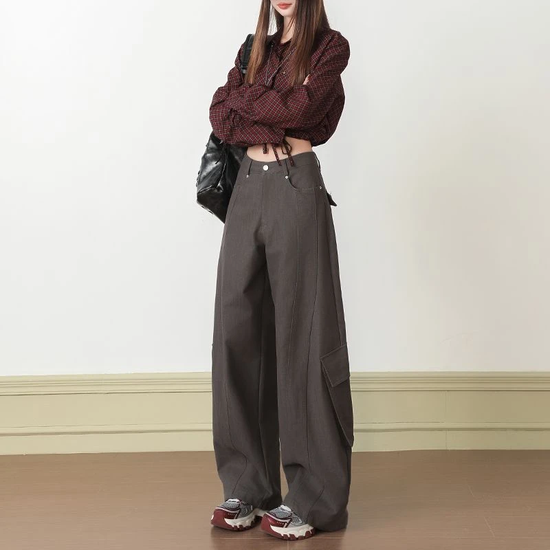 港风高腰百搭显瘦设计感工装裤秋季新款阔腿裤纯色直筒ins休闲裤