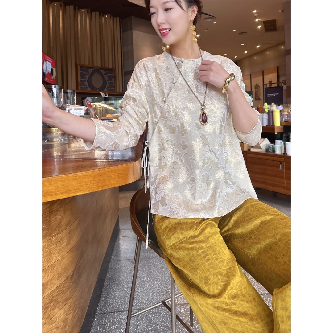 【老罗家】原创真丝衬衫女桑蚕丝金线新中式圆领长袖宽松气质衬衣