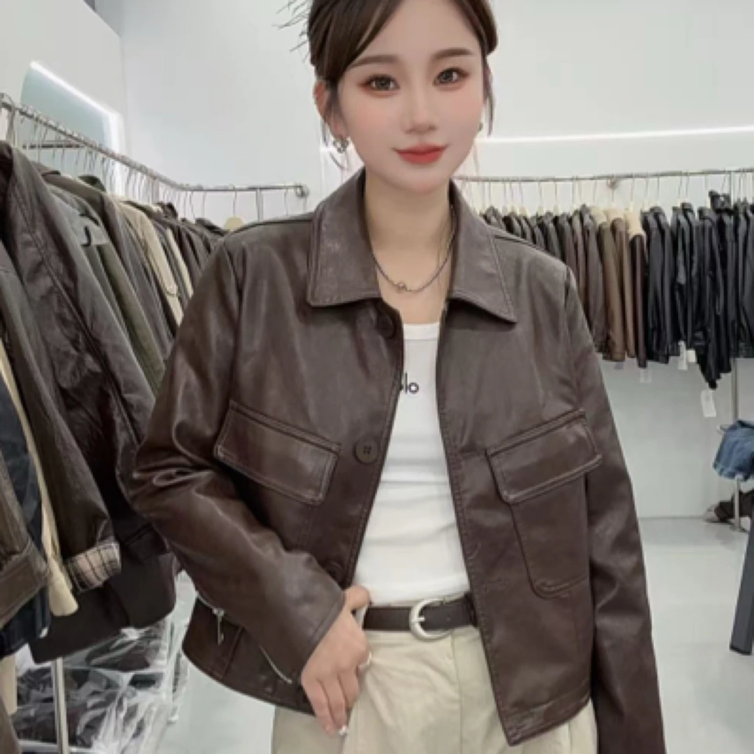【暖暖专属】薄款街头风短款黑色金扣机车皮衣百搭时尚宽松港风