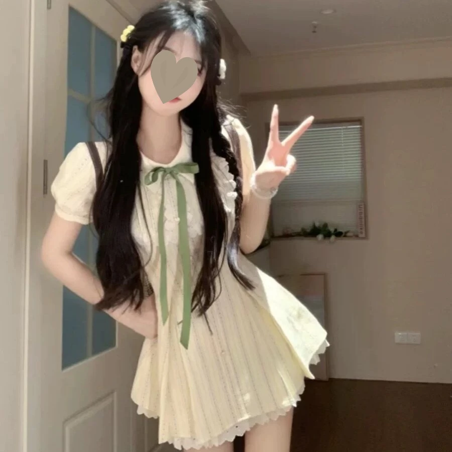 夏季感Polo领系带条纹连衣裙女减龄小个子韩版显瘦气质休闲A字裙
