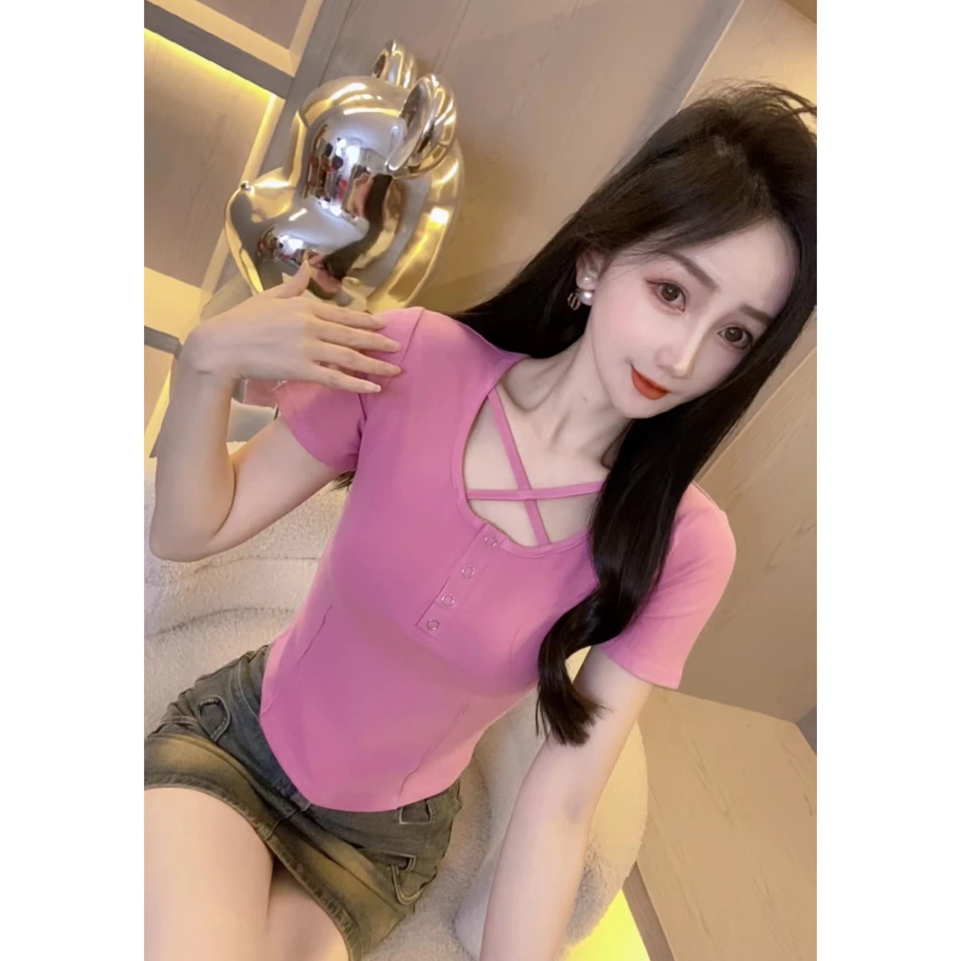 【奈奈372交叉挂脖】短袖T恤女款修身2025夏季百搭设计感短款