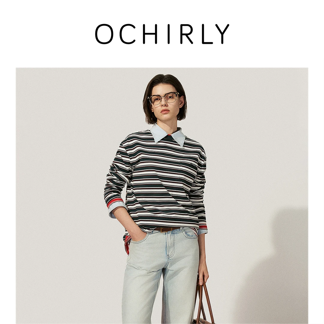 #OCHIRLY欧时力100%长绒棉长袖t恤条纹中长款25春季商场同款新品
