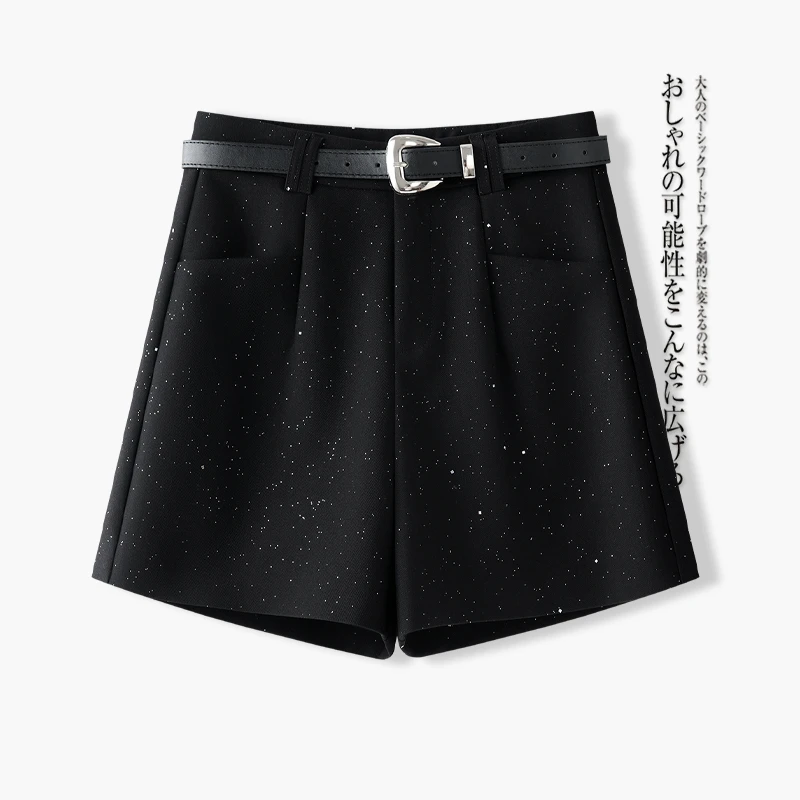 黑色亮片西装短裤女2025秋季新品宽松阔腿裤时尚高腰显瘦A字短裤