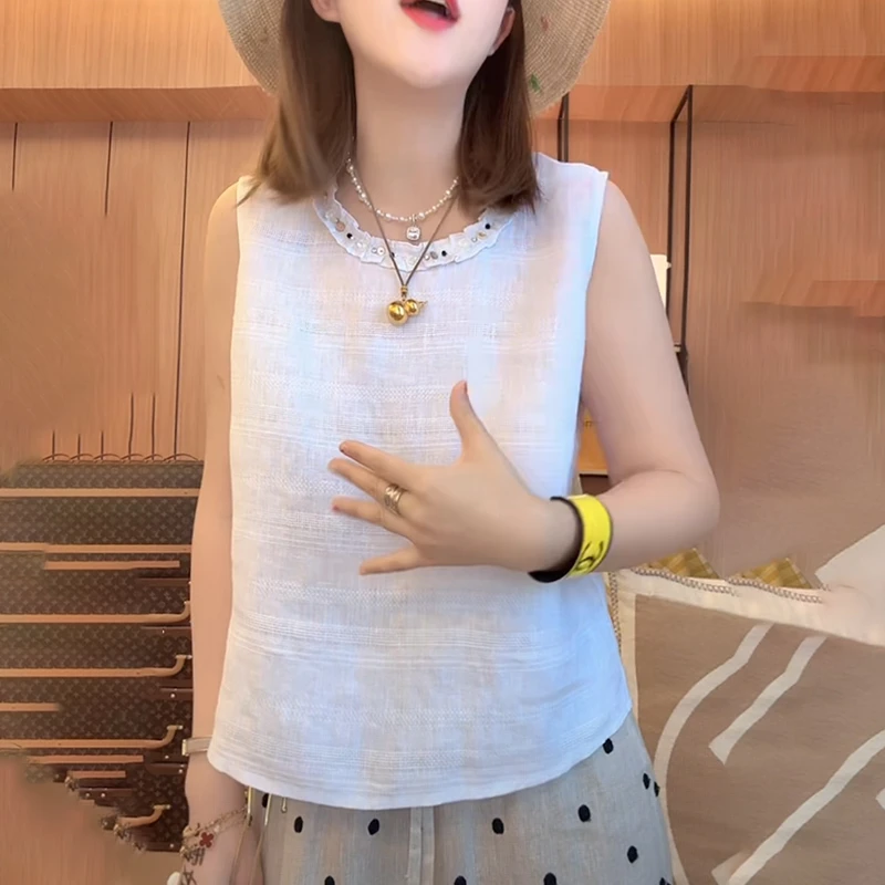设计感钉珠气质t恤女2025夏季宽松时尚减龄显瘦无袖背心短款上衣