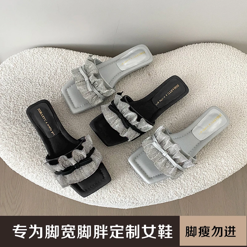 加肥加宽胖MM宽胖脚大脚骨褶皱方头外穿软底3公分凉拖JS54018