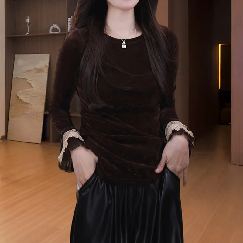 韩系减龄设计感拼接长袖T恤女秋季新款时髦气质显瘦百搭圆领上衣