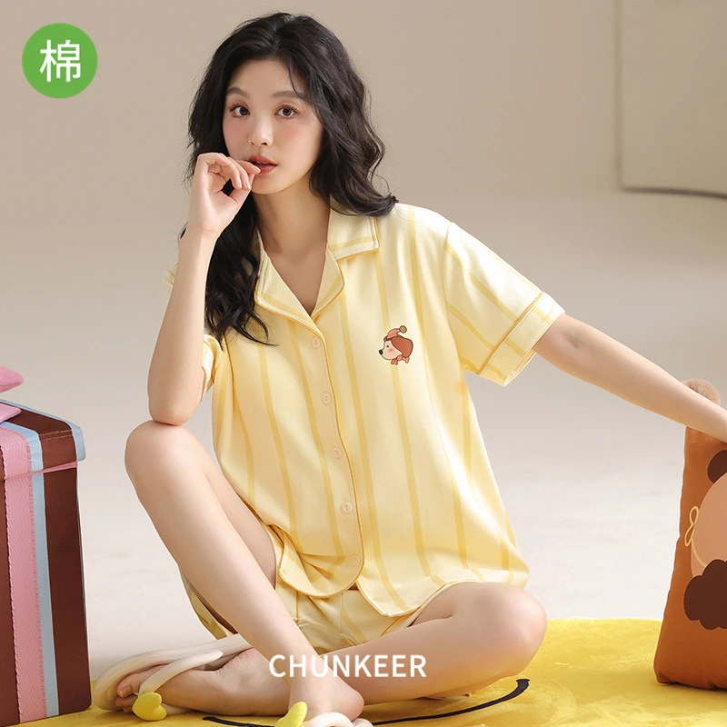 睡衣女夏季纯棉薄款短袖短裤家居服夏天夏款开衫超柔软可外穿套装