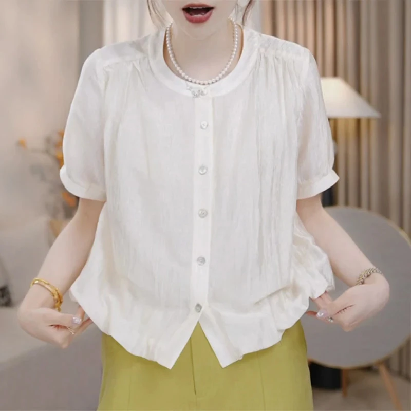 宽松设计感气质圆领短袖衬衫女士2025夏季新款韩系百搭单排扣上衣