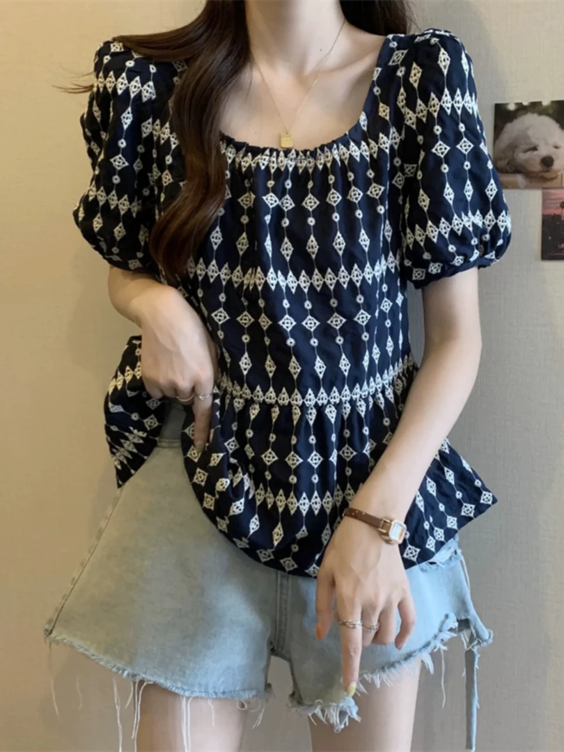 【四季青红姐】夏季法式方式泡泡袖雪纺衫 9893