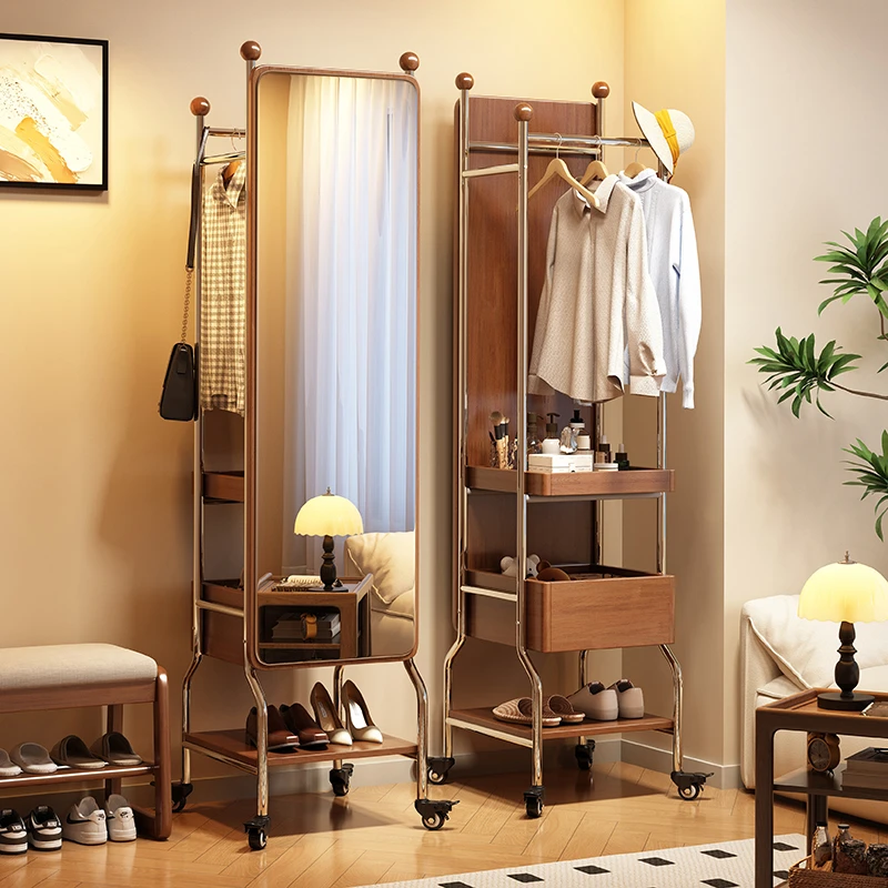 实木衣帽架落地卧室置物架带抽屉收纳置物架简易家用挂衣服架子