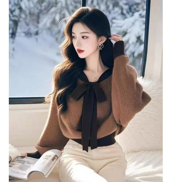 SS2095独特漂亮法式超好看蝴蝶结绑带高级感宽松套头毛衣女秋冬